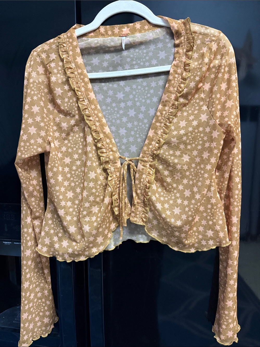 Free People Sheer Cropped Print Ruffle Tie-Front Top - Brown with Peach Stars